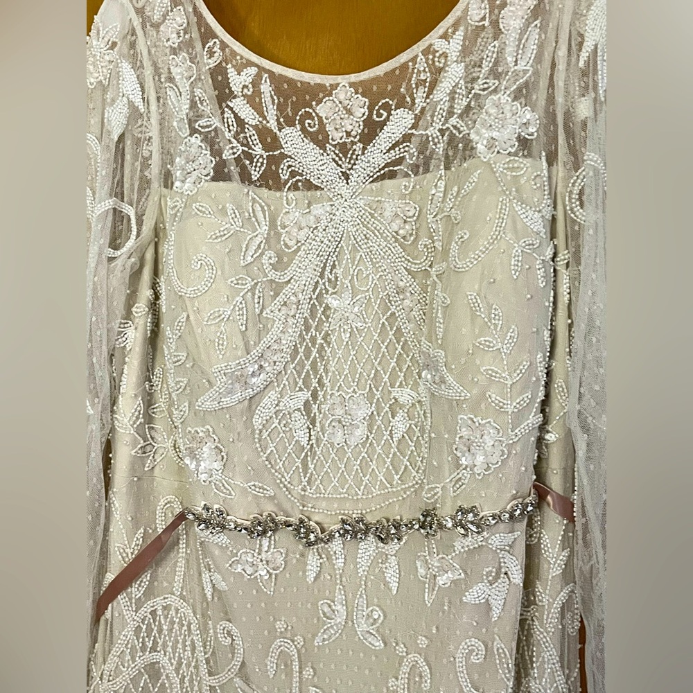 Plus size light cream lace floor length beaded gown 22W